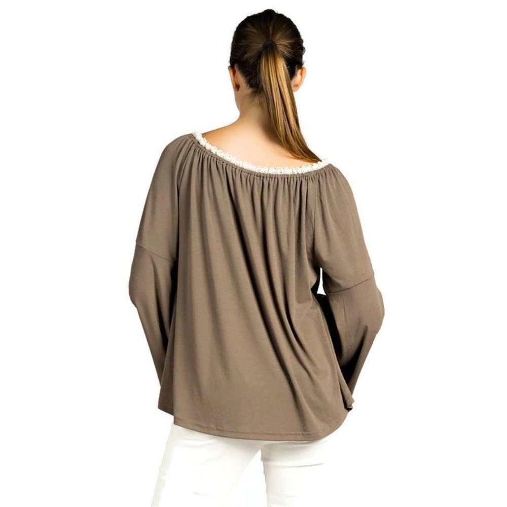 kori America Embroidered Bell Sleeve Knit Top, Mocha - Picture 3 of 4